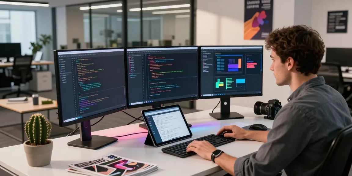 Workspace showcasing software development for telegraimin.com with modern monitors and vibrant coding.