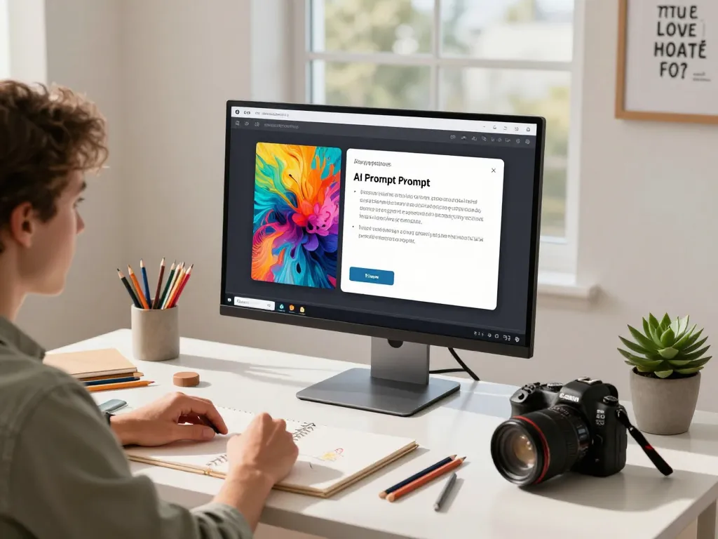 User engaged with an image to prompt ai generator displaying vibrant uploaded image alongside suggested prompt in creative workspace.