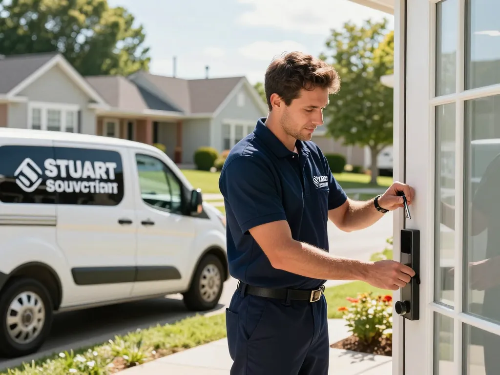 Professional locksmith unlocking a modern door, emphasizing Stuart locksmith services in a suburban neighborhood.