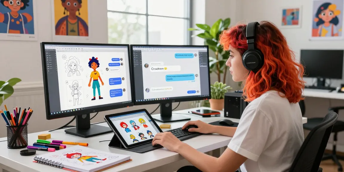 Character designer creating Crushon AI chatbot personas in a vibrant digital workspace