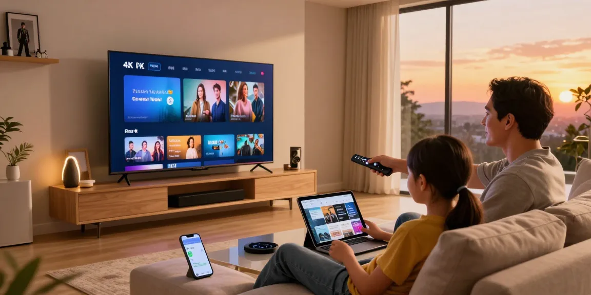 Test IPTV 24h : Famille regardant des chaînes 4K sur un téléviseur intelligent dans un salon moderne.
