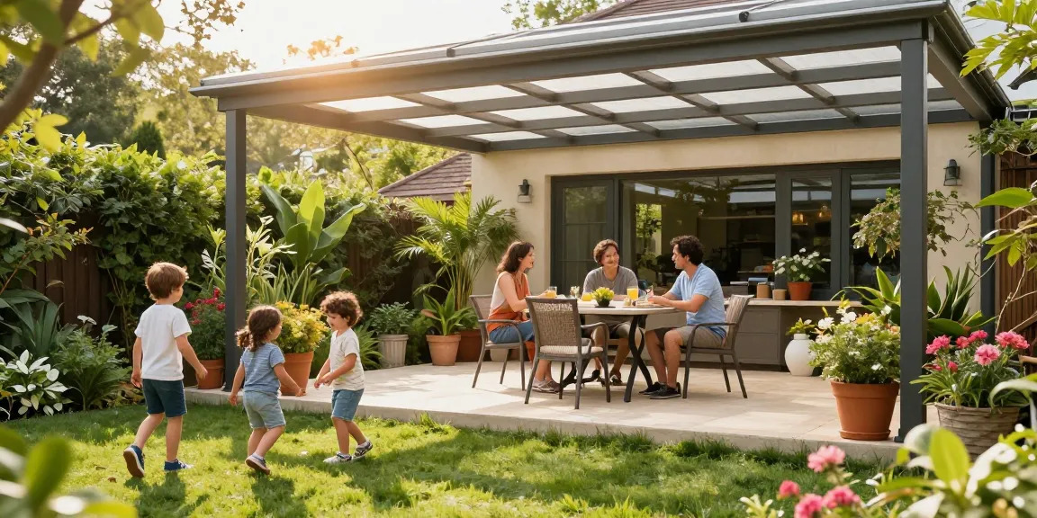 Familie unter einer freistehenden Terrassenüberdachung im Garten genießt die Sonne.