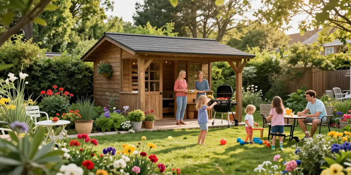 Gemütliches Gartenhaus im Garten mit spielenden Kindern und Grillparty.