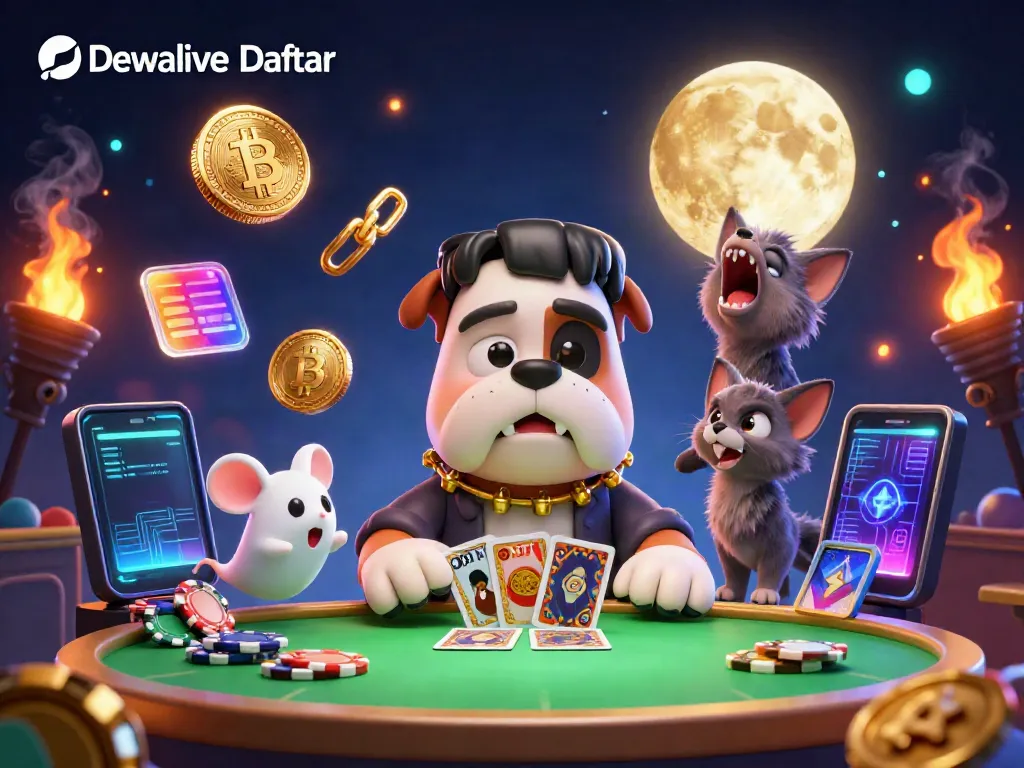 Engage with Dewalive Daftar at a lively casino scene featuring unique characters and crypto elements.