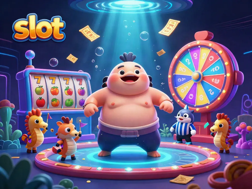 Slot dengan simbol buah dan 7 keberuntungan dalam ilustrasi 3D yang dinamis dan berwarna.