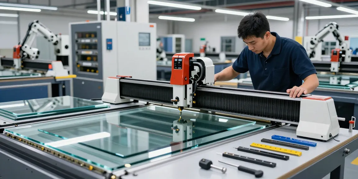 Technician using a glass cutting table in a professional glass processing workshop.