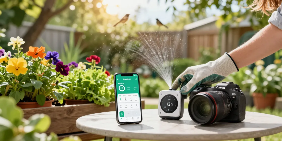 Person using a RainPoint WiFi water timer in a blooming garden, showcasing smart watering techniques.