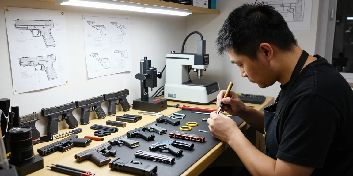 Custom Glock slide modifications at https://precisionglockslides.com in a professional workshop setting.