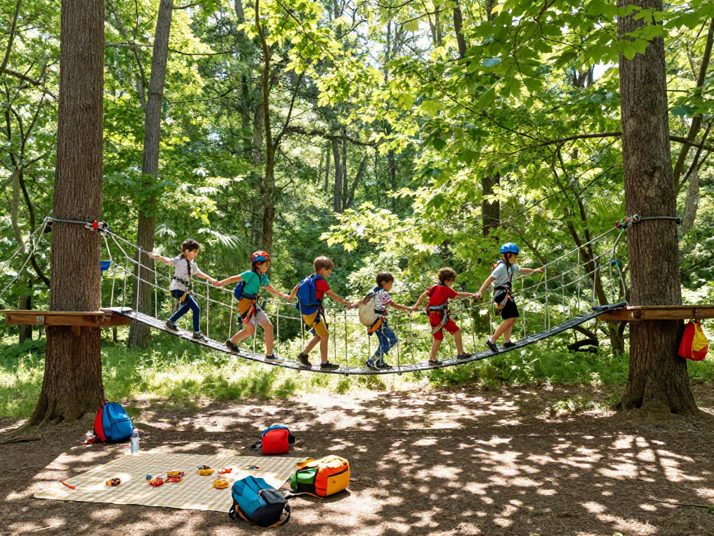 Children crossing a vibrant rope bridge in a sunny forest, showcasing adventure and outdoor fun.