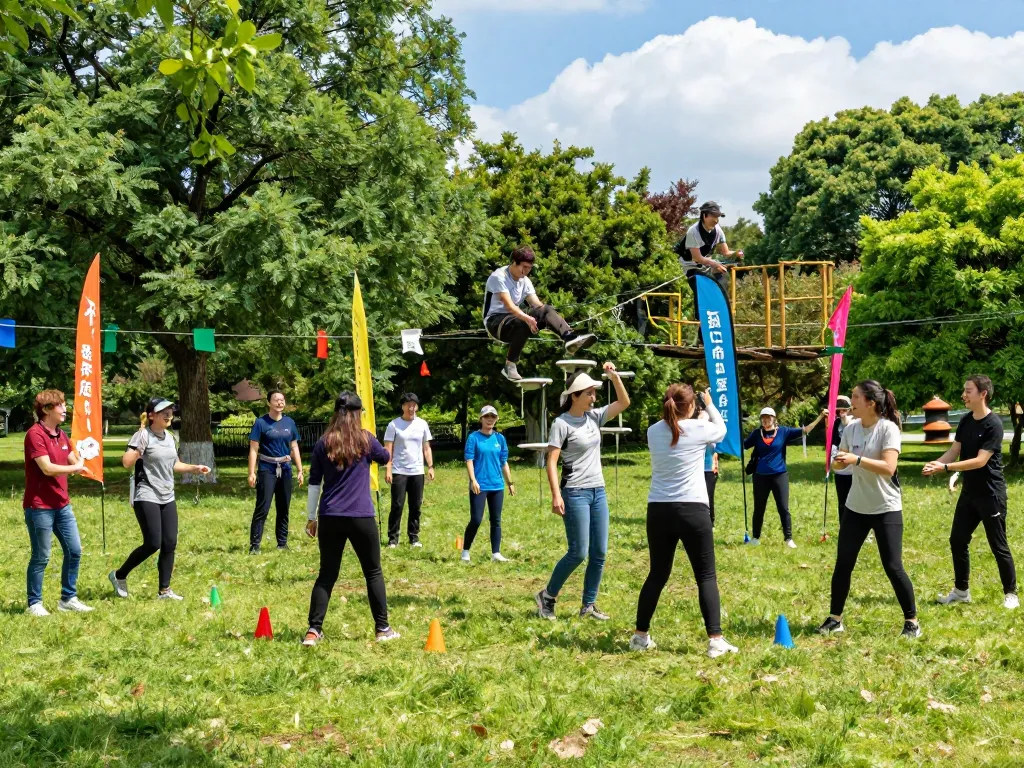 Acara Team Building jogja di taman luar ruangan yang cerah dengan kelompok yang terlibat dalam aktivitas menyenangkan.