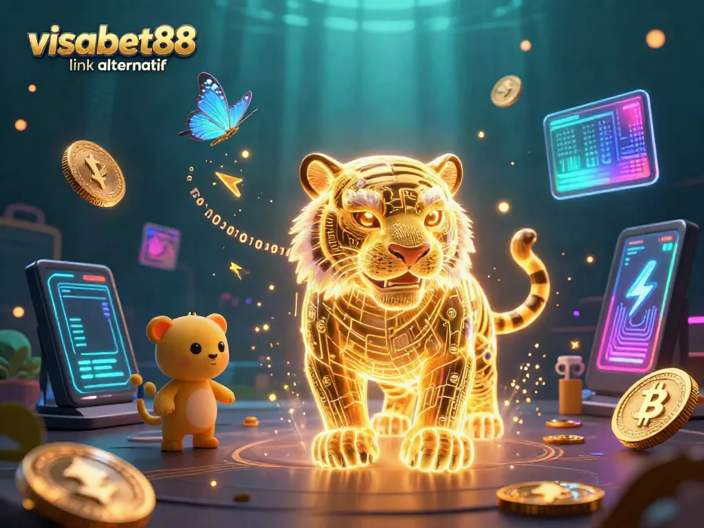 Experience thrilling gaming action with the visabet88 link alternatif, featuring a neon-wireframe golden tiger.