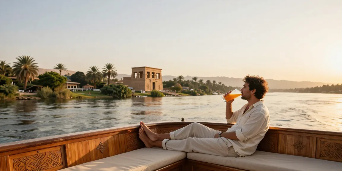 Dahabiya Nile cruises experience, traveler relaxing on deck with scenic views under golden hour light.