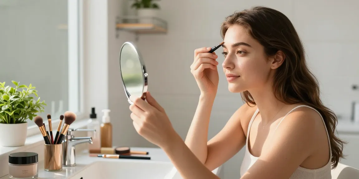 Applying eyebrow pencil light brown for a natural brow look in a bright bathroom setting.