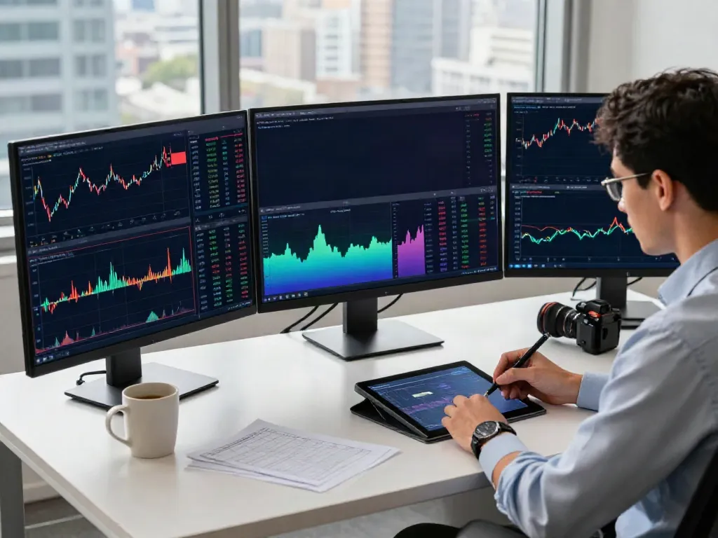 Trader analyzing charts and financial data on TradingView in a modern workspace with city skyline.