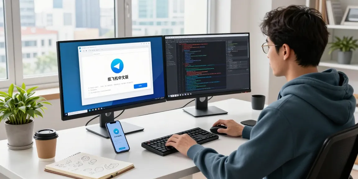 A developer using Telegram's 纸飞机中文版 on dual monitors in a bright tech workspace, showcasing productivity and modern design.
