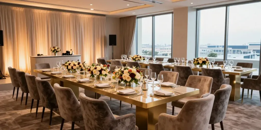 Event furniture rental showcasing elegant setups with luxurious table and chairs for corporate events.