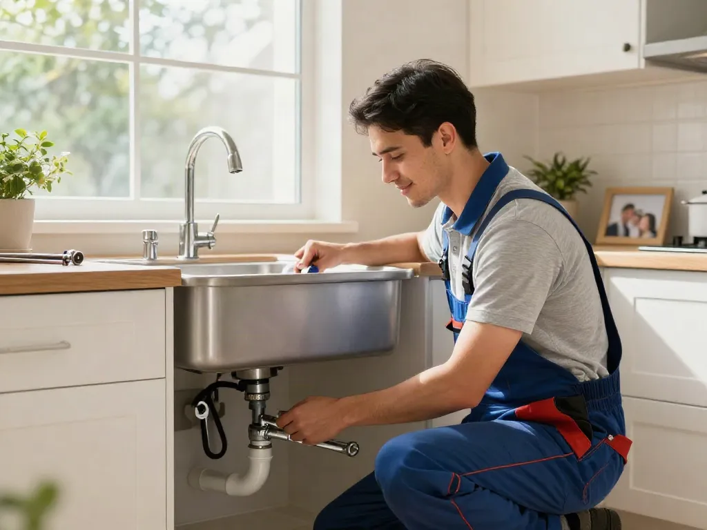 Expert plumber london inspecting a modern kitchen sink, showcasing professional plumbing tools and a warm home atmosphere.