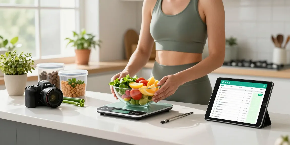 Individual using the best calorie tracker in a vibrant kitchen, preparing a healthy breakfast.