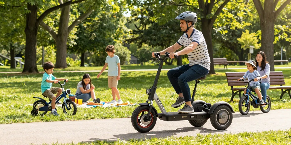 Adult on electric tricycle enjoying a sunny park ride, showcasing tricycles.