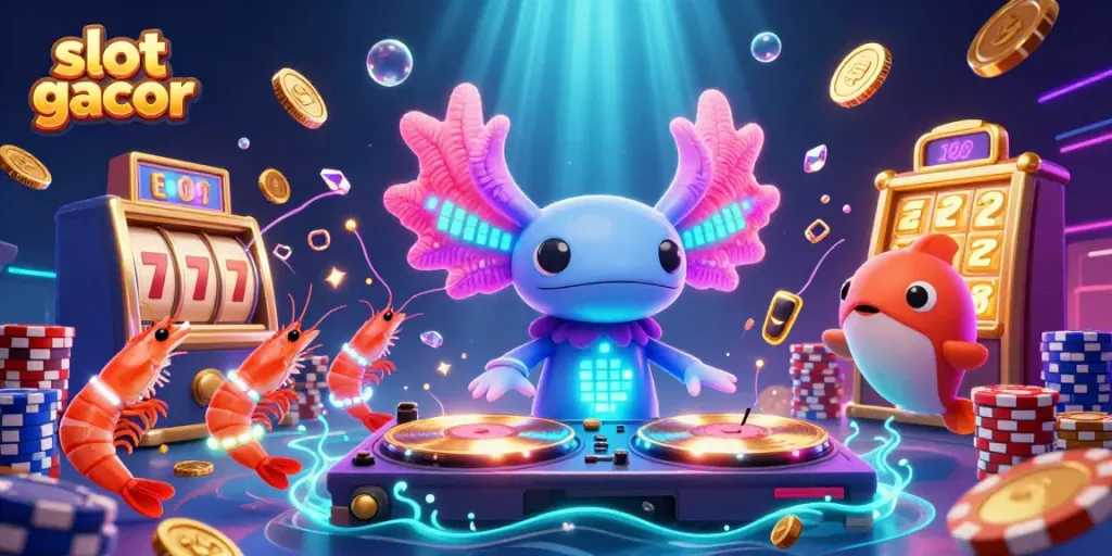 Slot gacor: ilustrasi penuh dengan karakter kartun lucu dan elemen slot yang menarik