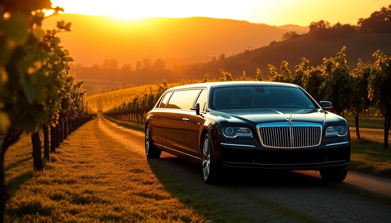Luxurious winery tour limousine amidst stunning vineyard scenery, ready for an elegant experience.