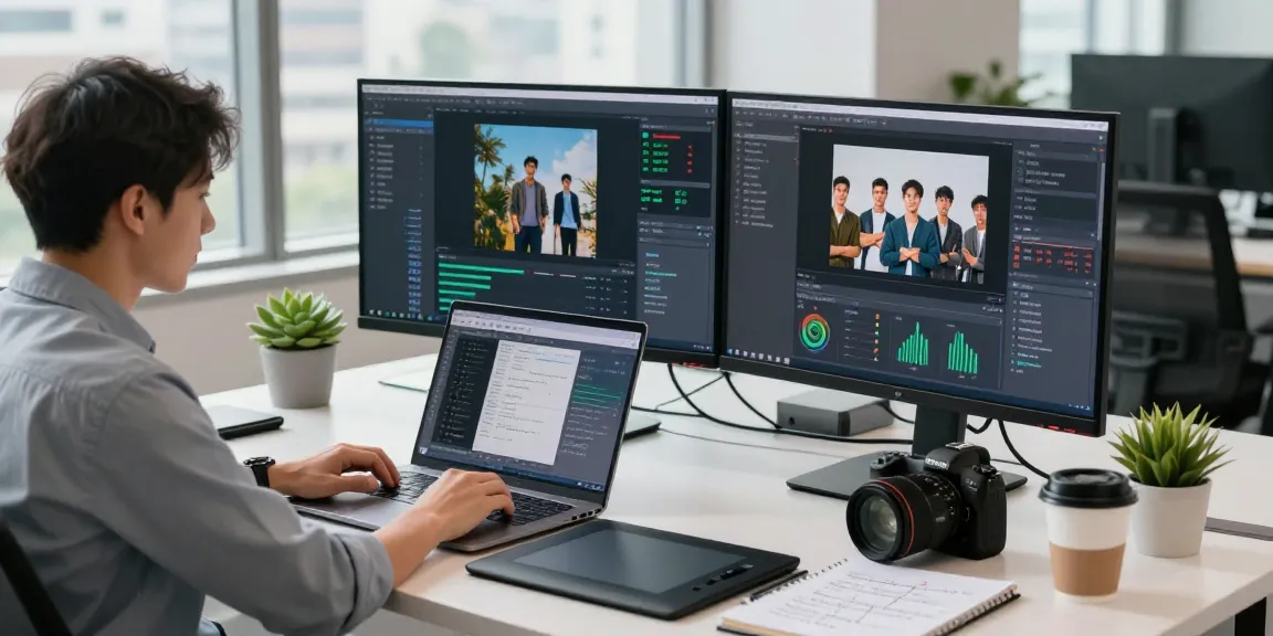 AI image detector analysis in a modern tech workspace featuring dual monitors and professional tools.