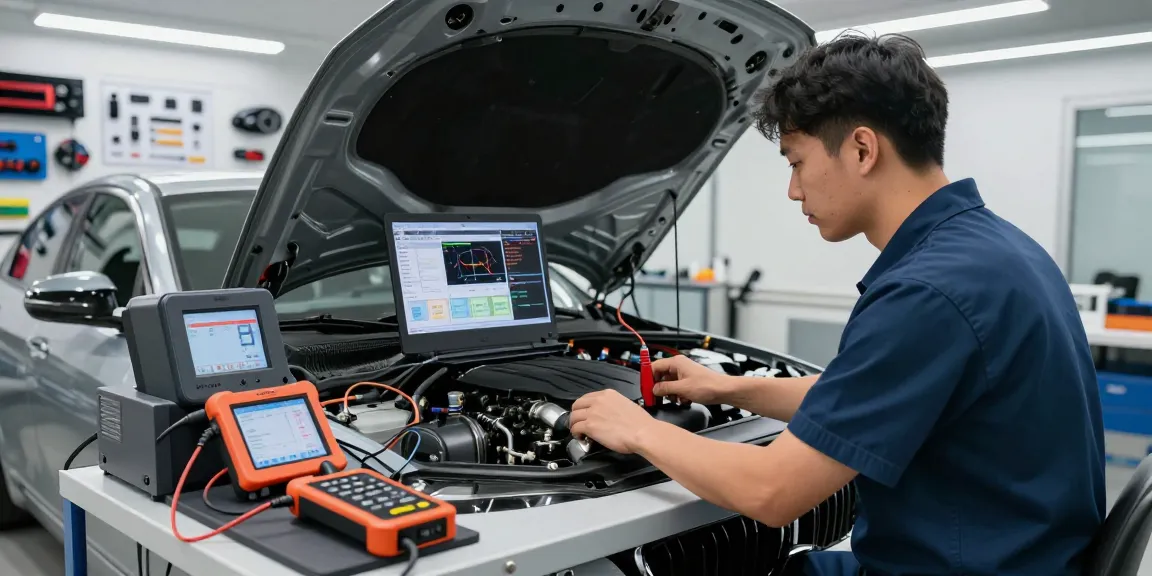 Chiptuning Hannover: Fachmann optimiert BMW-Motor mit modernster Diagnoseausrüstung in professioneller Werkstatt.