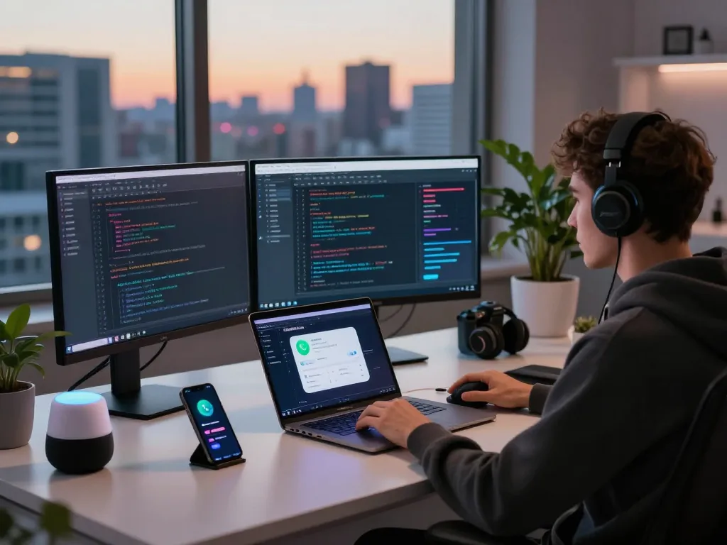 ClawdBot workspace with developer using AI assistant, multiple screens, and a smartphone.