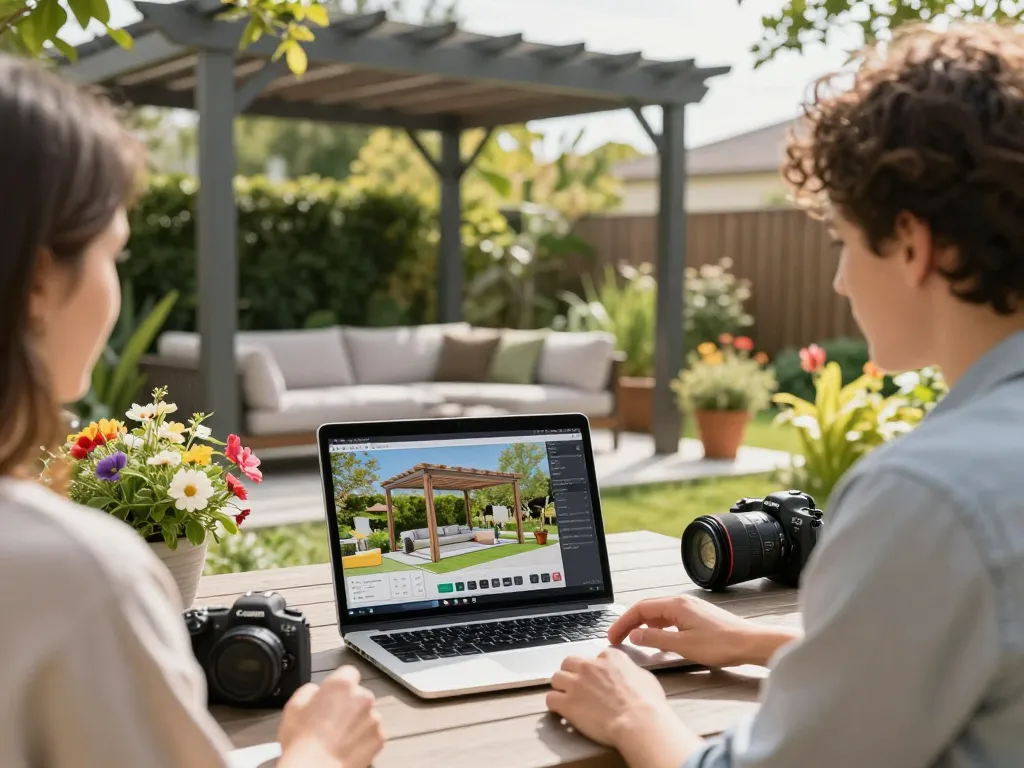Client and designer collaborating on a 3D Pergola Configurator in a vibrant garden setting, showcasing modern outdoor design elements.