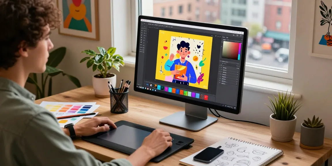 Graphic designer using nano banana 2 AI image editor in a vibrant creative workspace.
