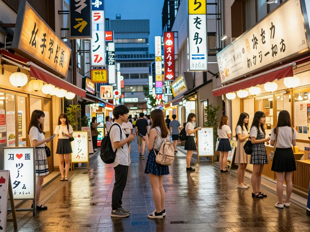 人気のある店舗とスタイリッシュな客が夜の街を楽しむ活気ある中洲ソープランドの風景で、エンターテインメントにあふれる中洲の雰囲気を強調しています。
