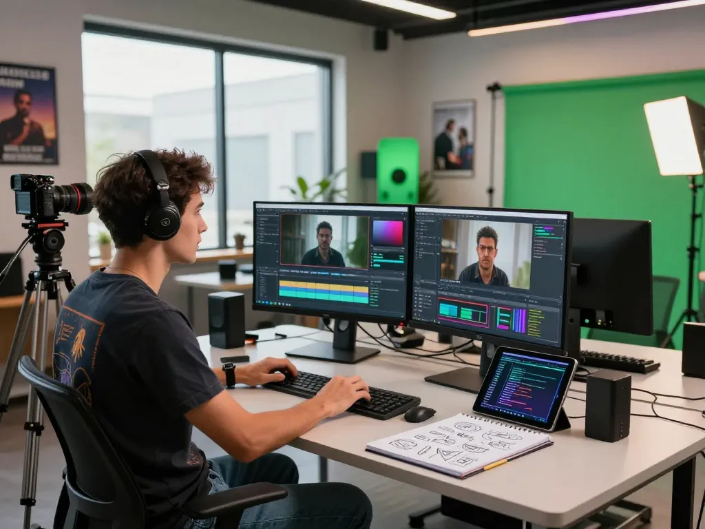 AI developer analyzing video to prompt ai in a modern studio, showcasing tech-savvy workspace elements.