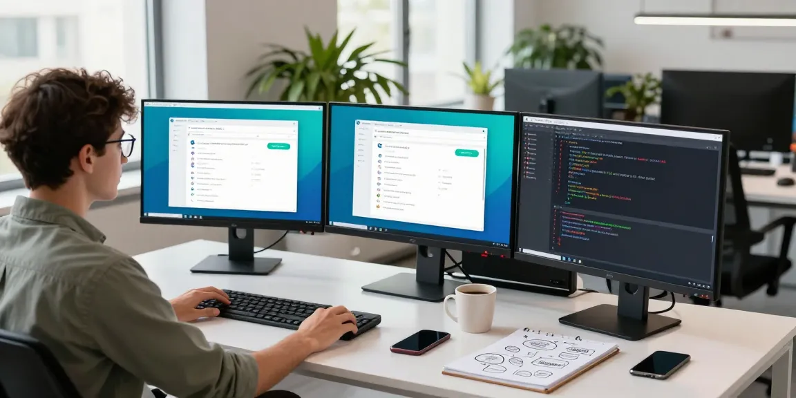 Developer working on Telegram Web Version interface with multiple monitors in a modern office setup.