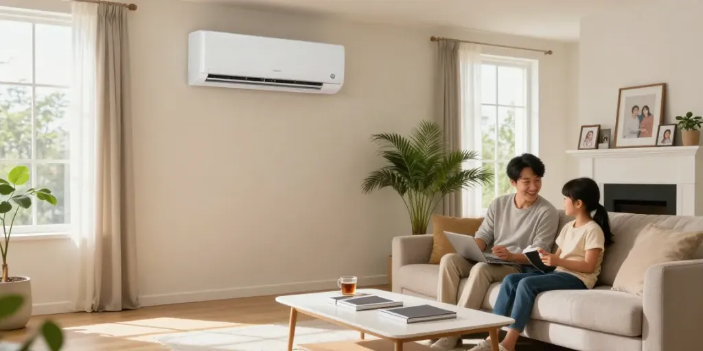 Experience comfort in the home with a 12000 BTU mini split air conditioning unit in a warm living room.