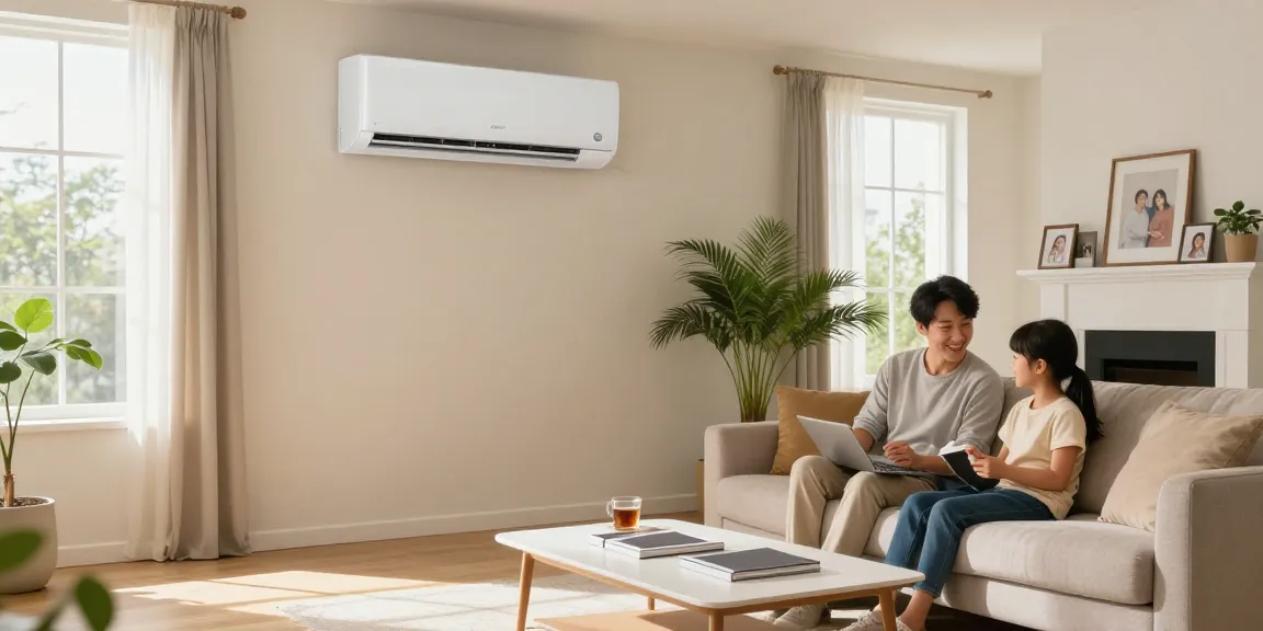 Experience comfort in the home with a 12000 BTU mini split air conditioning unit in a warm living room.