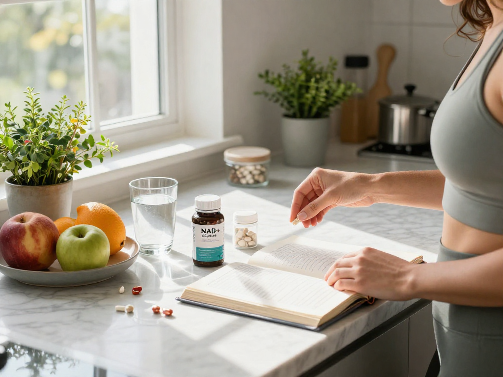 NAD+ Benefits highlighted through a healthy lifestyle scene with an individual preparing Buccal Strips in a bright kitchen.