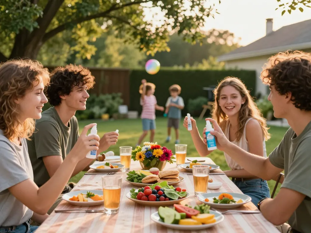Friends applying the best mosquito repellent while enjoying a summer barbecue outdoors.