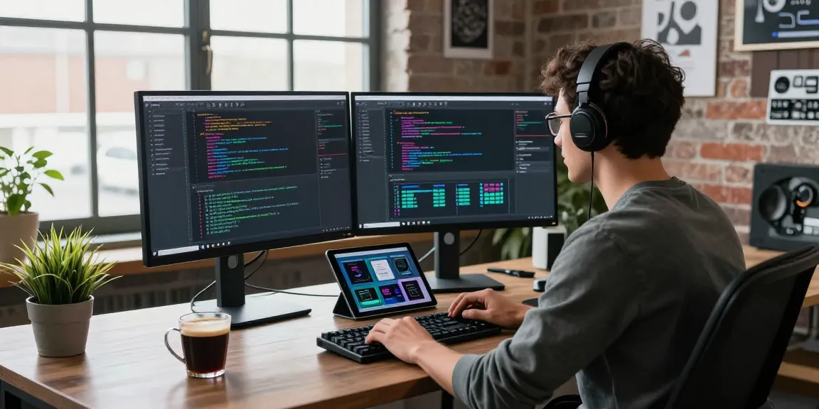 Developer coding on dual monitors in a vibrant workspace, showcasing NAGA2000.
