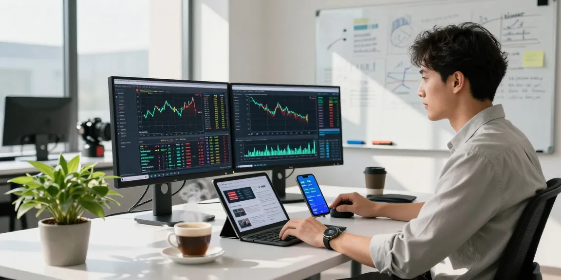 Market analyst using mt5 platform with live data analysis in modern office.