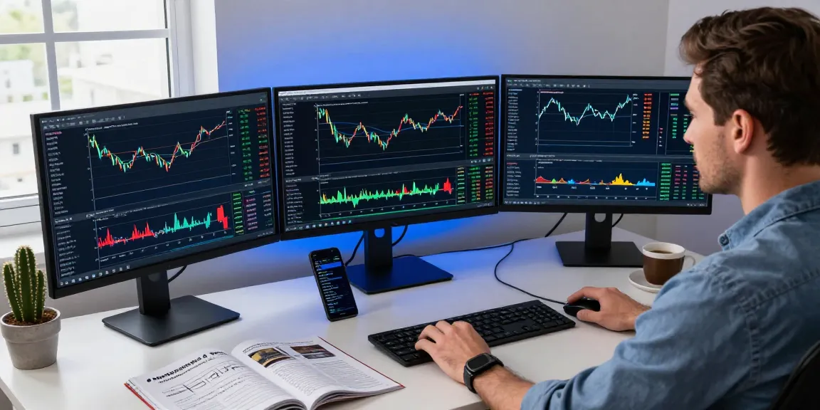 Trader analyzing MetaTrader 4 charts in a modern home office environment with financial magazines and multiple screens.