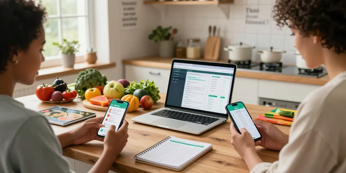 Group of people using the best food tracker apps in a modern kitchen setting, surrounded by fresh ingredients.