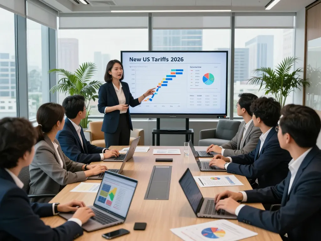 Economist discussing New US Tariffs in a modern conference room, presenting data on tariffs impact.