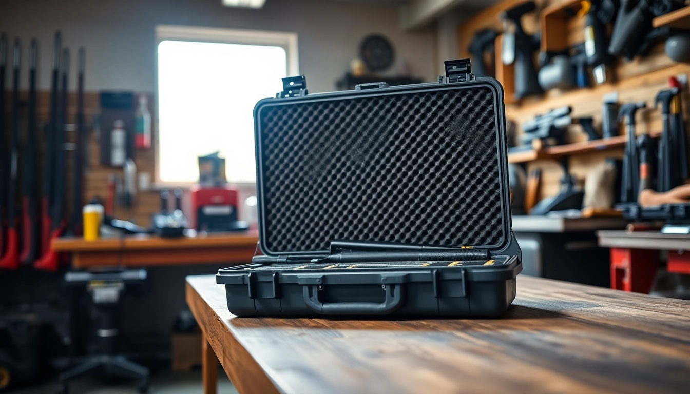 A pelican gun case for sale, open to reveal rifle compartments in a workshop setting.