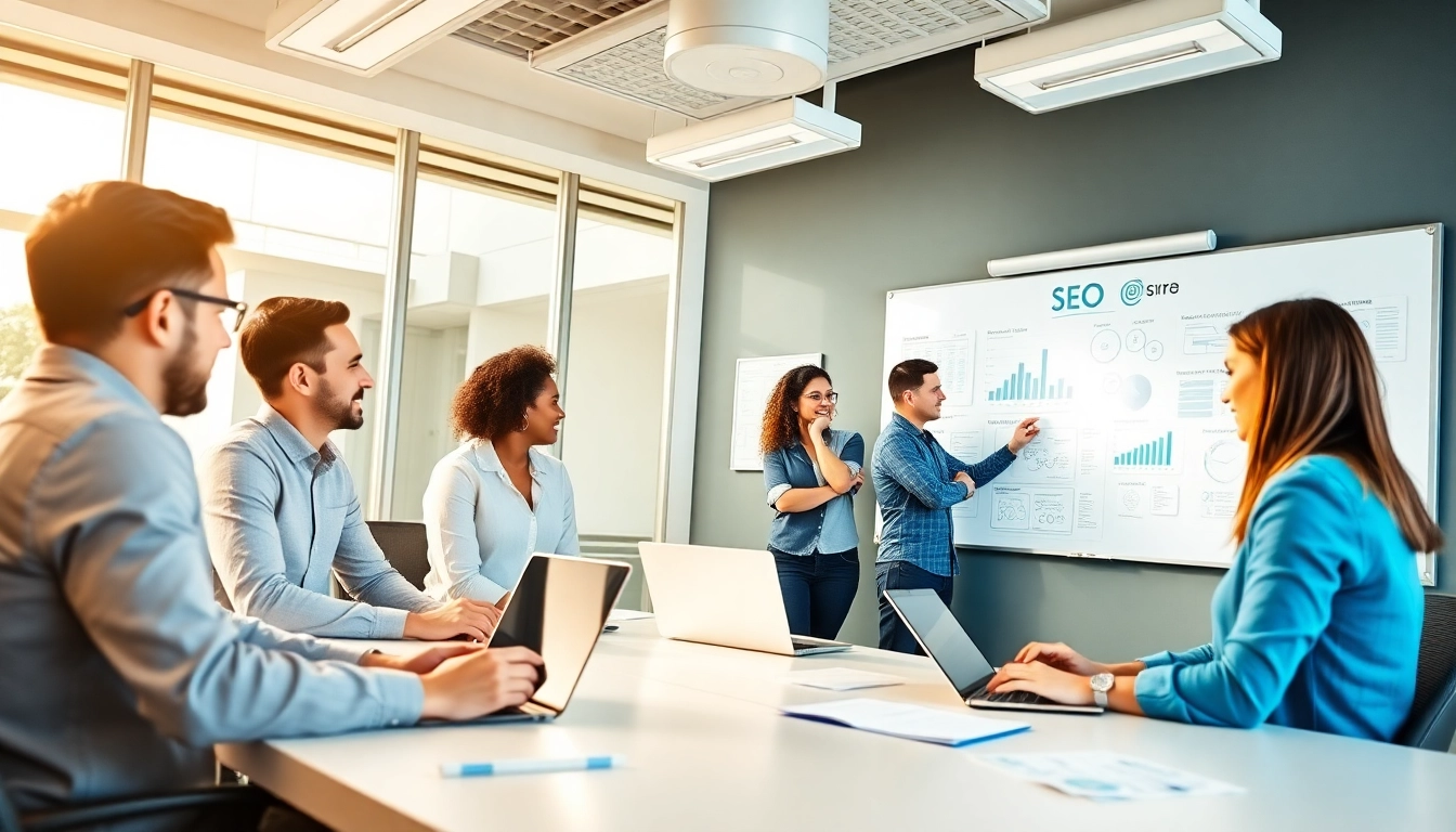 Team collaborating on Search Engine Optimization Clearwater strategies in a modern office setting.