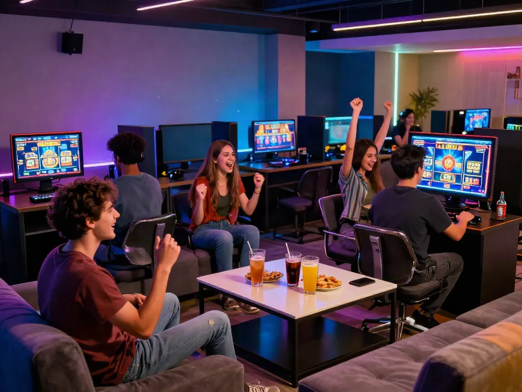 Friends enjoying an exciting slot game experience in a vibrant lounge setting.