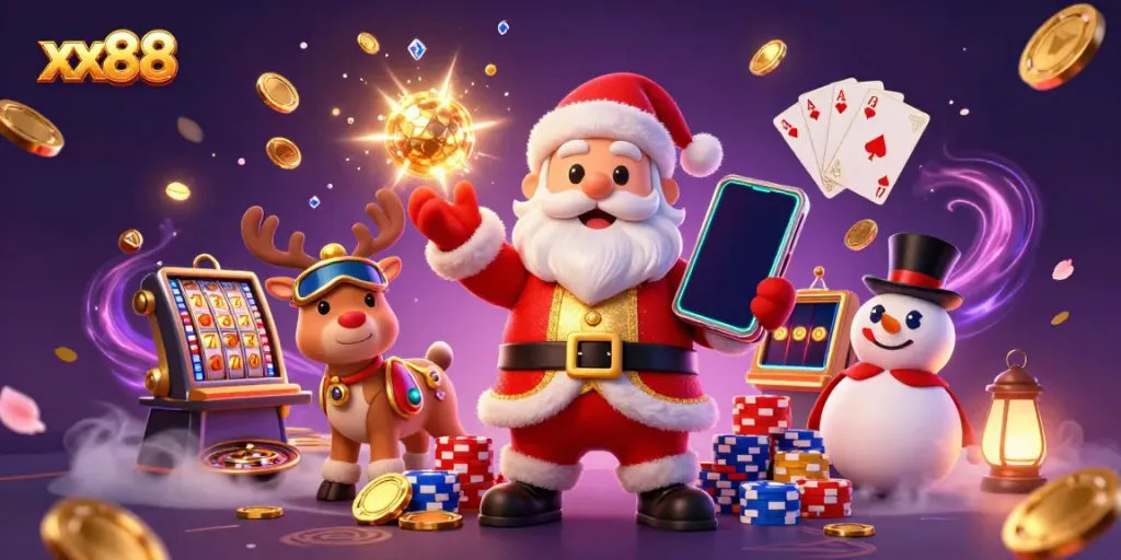 Experience the excitement of xx88 with Santa Claus, a reindeer dealer, and a snowman in a vibrant casino scene.