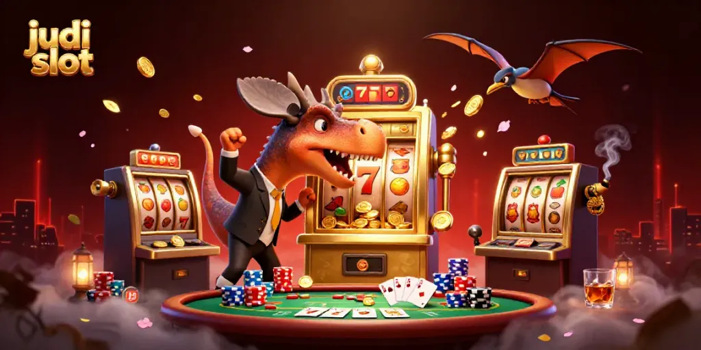 Judi slot dengan dinosaurus dan mesin slot menyebar koin jackpot di kasino