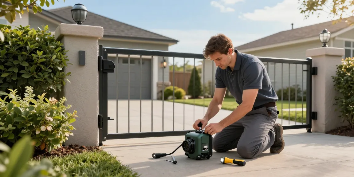 Mighty Mule gate opener troubleshooting scene with technician examining the gate operator using tools in the driveway.