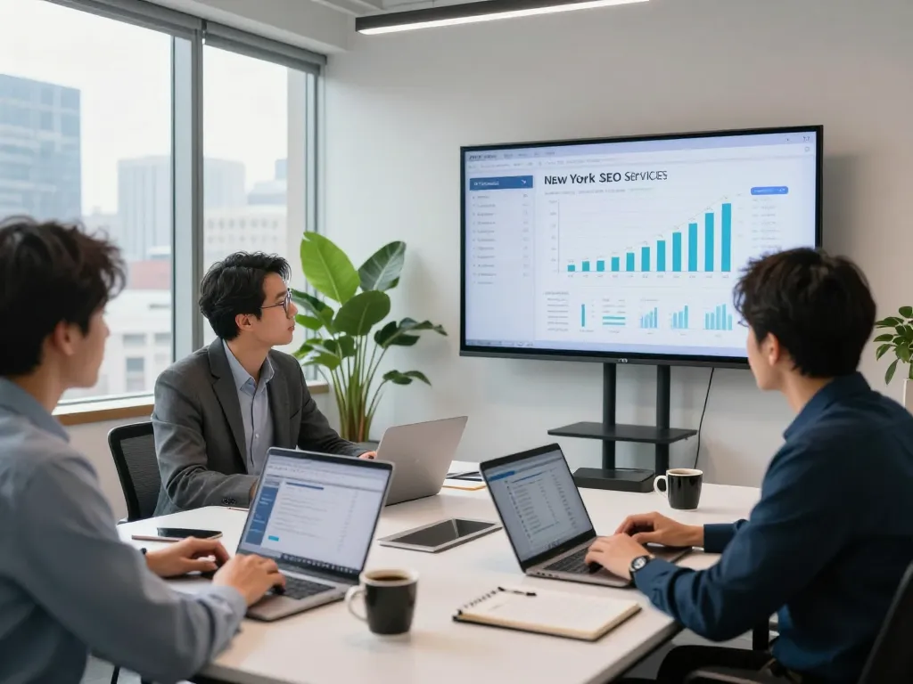 Team analyzing metrics for New York SEO Services in a modern office.