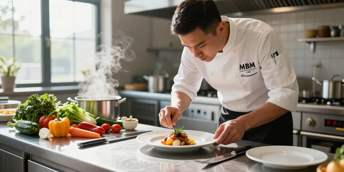 Chef showcasing MBM culinary techniques amid fresh ingredients and vibrant kitchen.